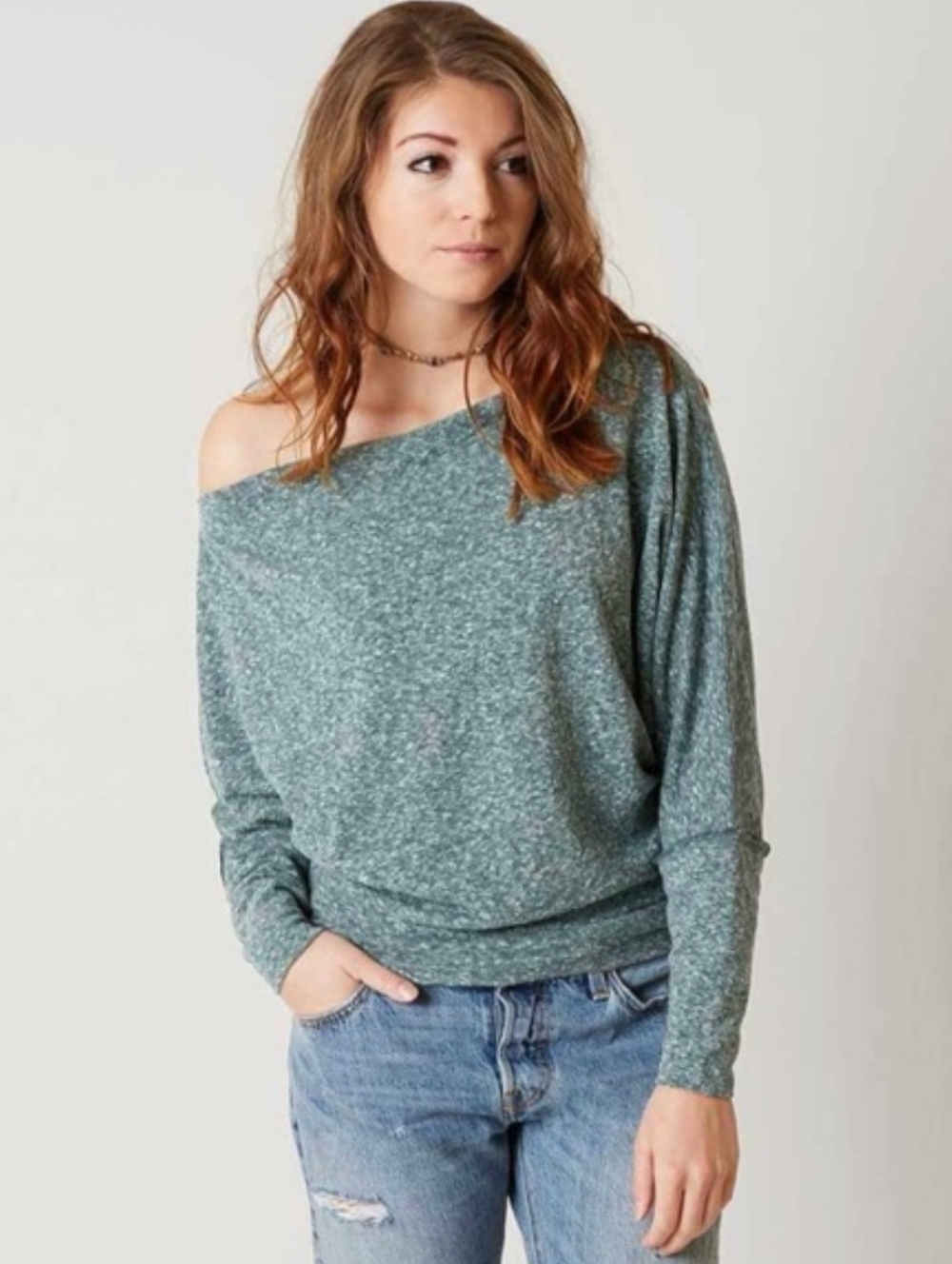 💥Sale💥We The Free Marled Teal Knit Valencia Off-the-Shoulder Pullover